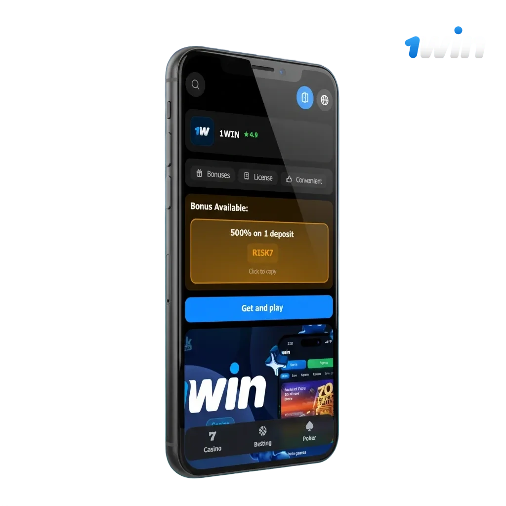 1win iOS app promo for India on iPhone and iPad: INR betting, 500% welcome bonus up to ₹75,000, 18+ notice, Download button