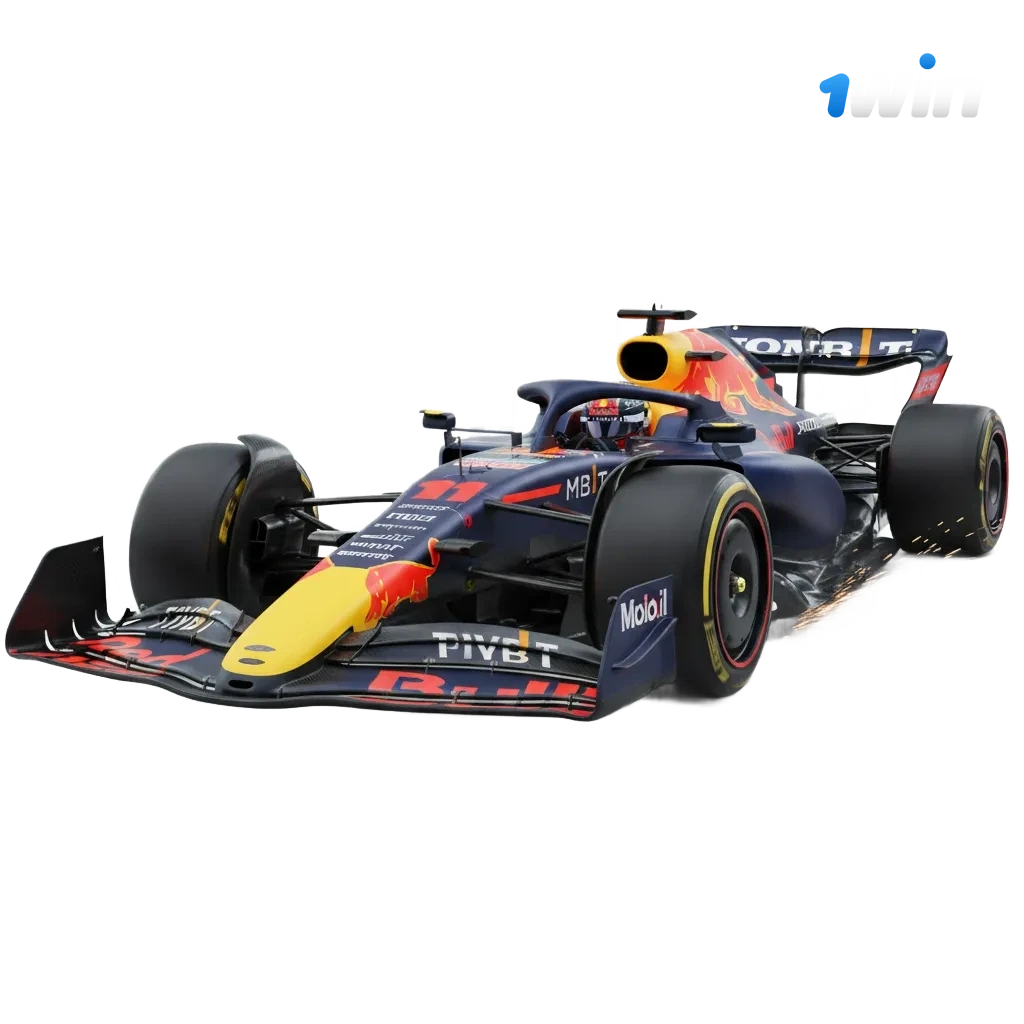 1win F1 betting screen with live odds, in-play markets, cash out, UPI/NetBanking payments in India.