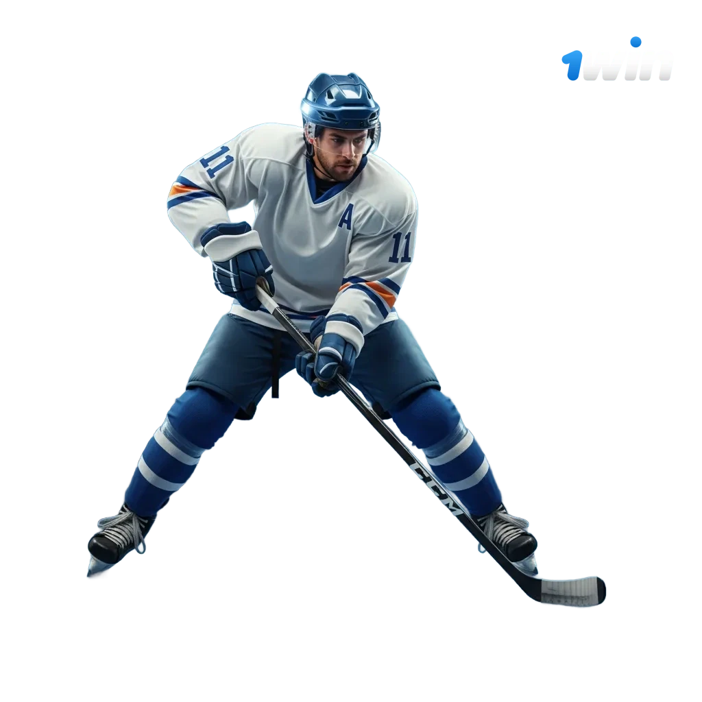 1win ice hockey betting banner for India, showing live odds, markets, match center, and a sports welcome bonus.