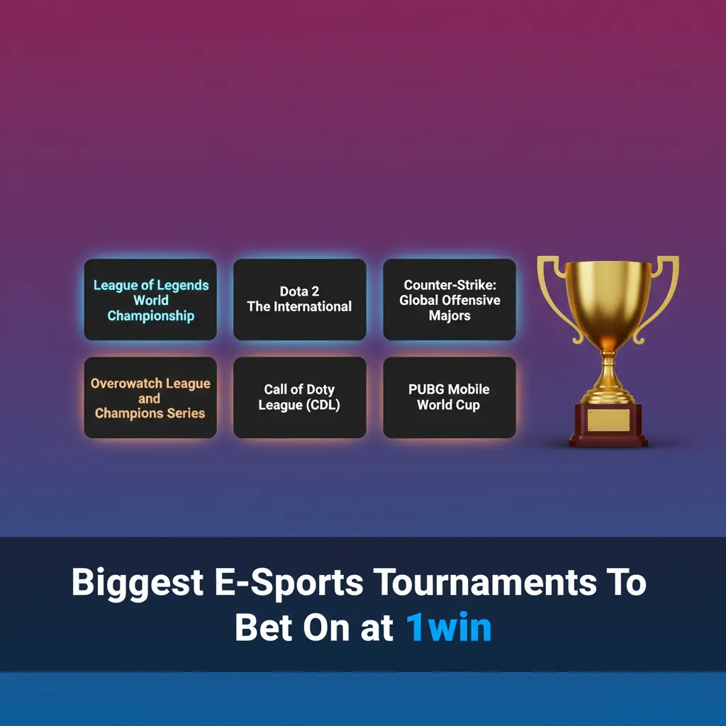Table of biggest esports tournaments to bet on at 1win: Dota 2 TI, CS2 Majors, LoL Worlds, Valorant Champions, etc.
