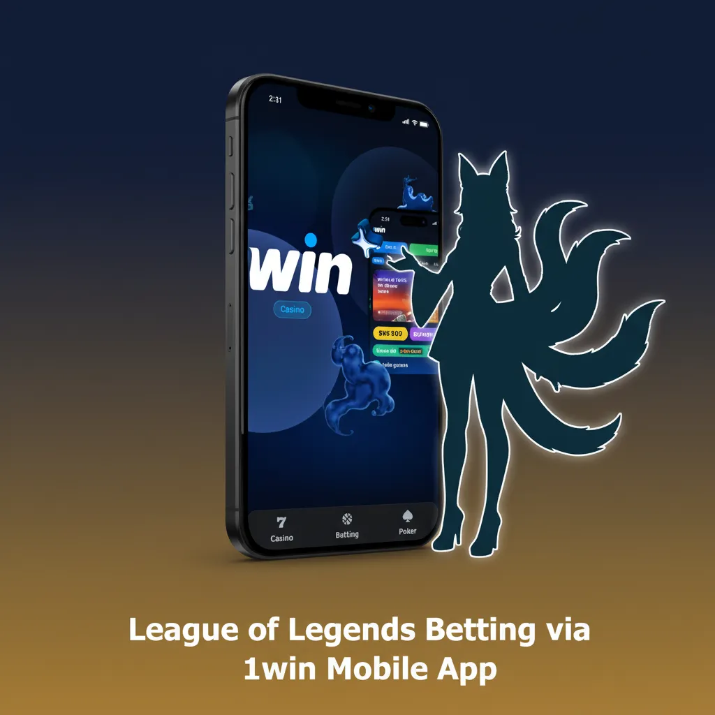 1win app on smartphone with League of Legends odds and bet slip; Android and iOS download options