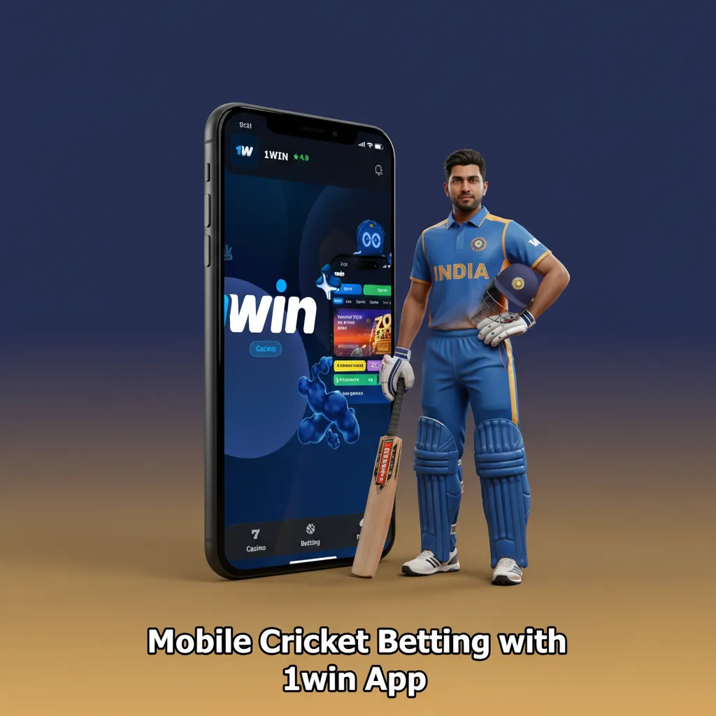 Phone with 1win app showing cricket betting markets, live odds and bet slip; mobile betting across India