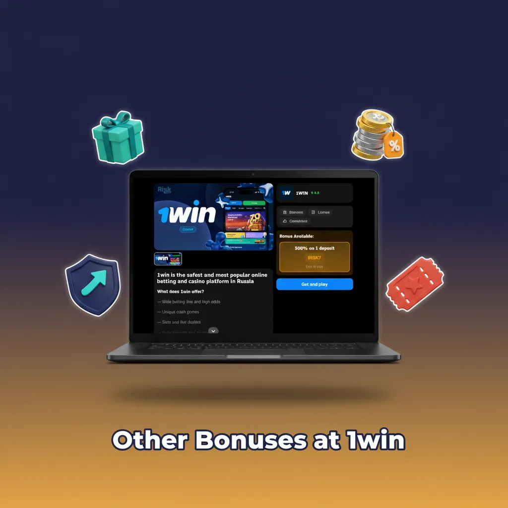 Infographic listing Other Bonuses at 1win: sports free bet, accumulator boost, reload bonus, cashback, app code drops.