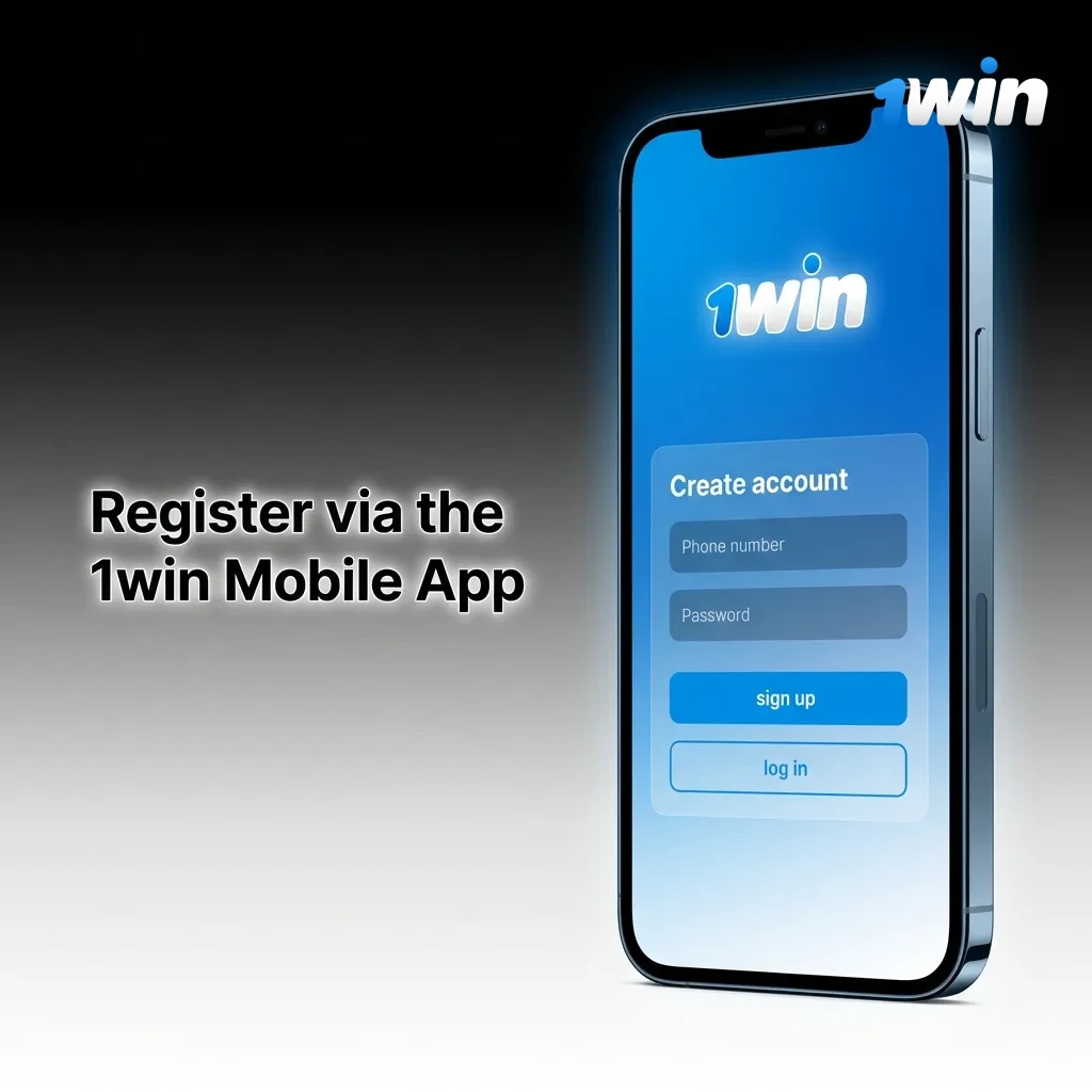1win mobile app registration screen showing sign-up options including phone, email, and social media methods