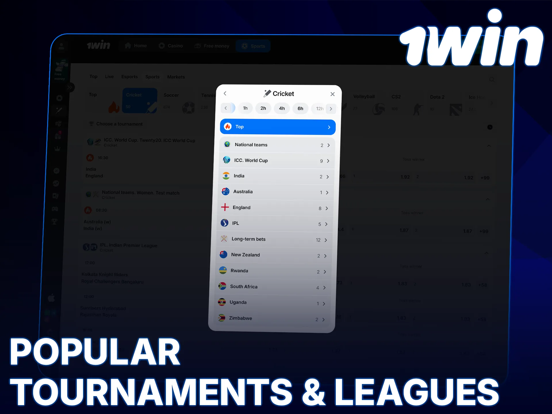Explore betting options for popular cricket tournaments and leagues at 1win.