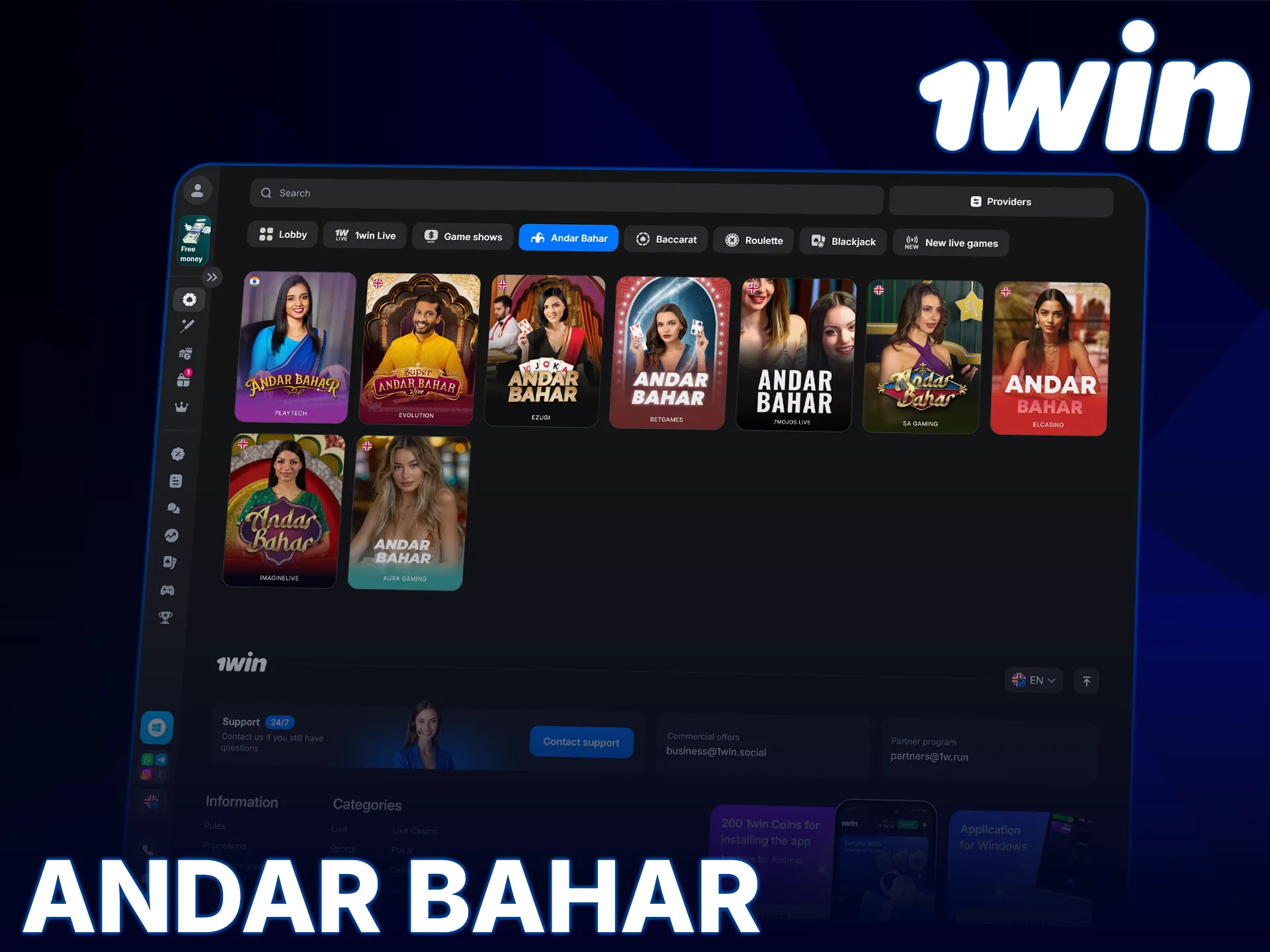 Play the traditional Andar Bahar game and test your luck at 1win.