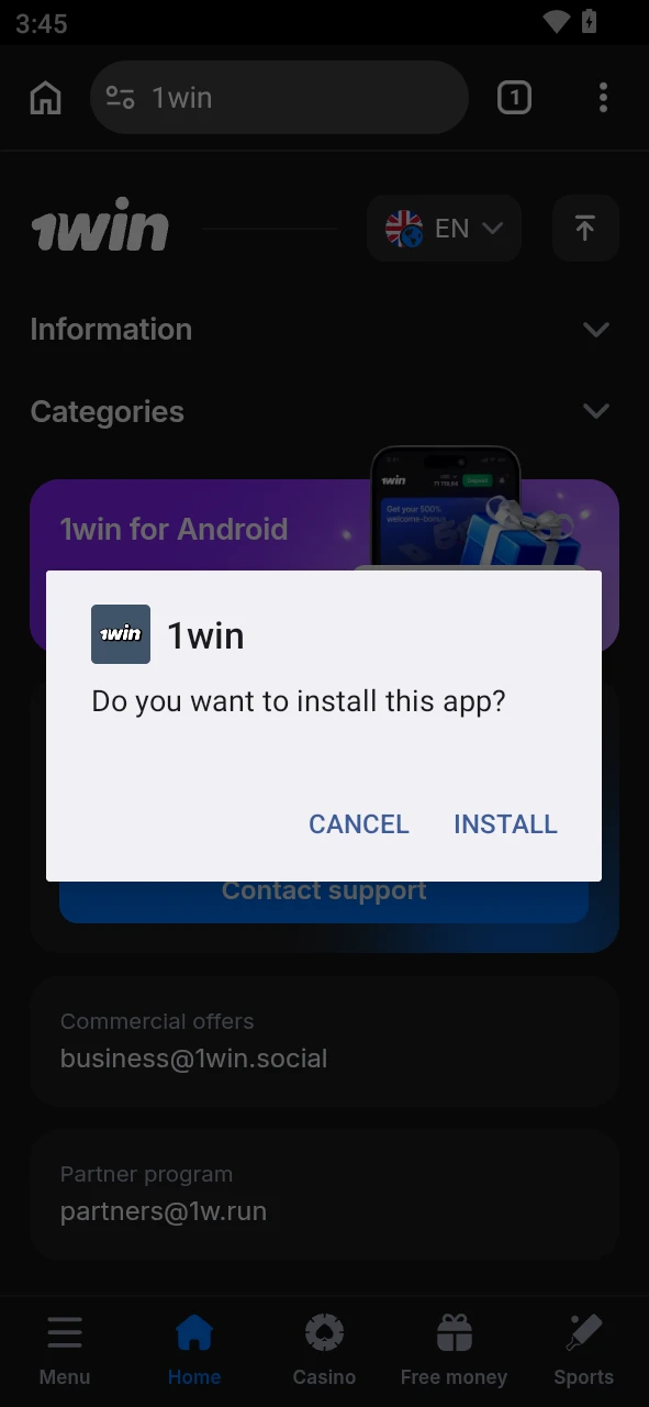 Install the Android app and launch 1win on your device.