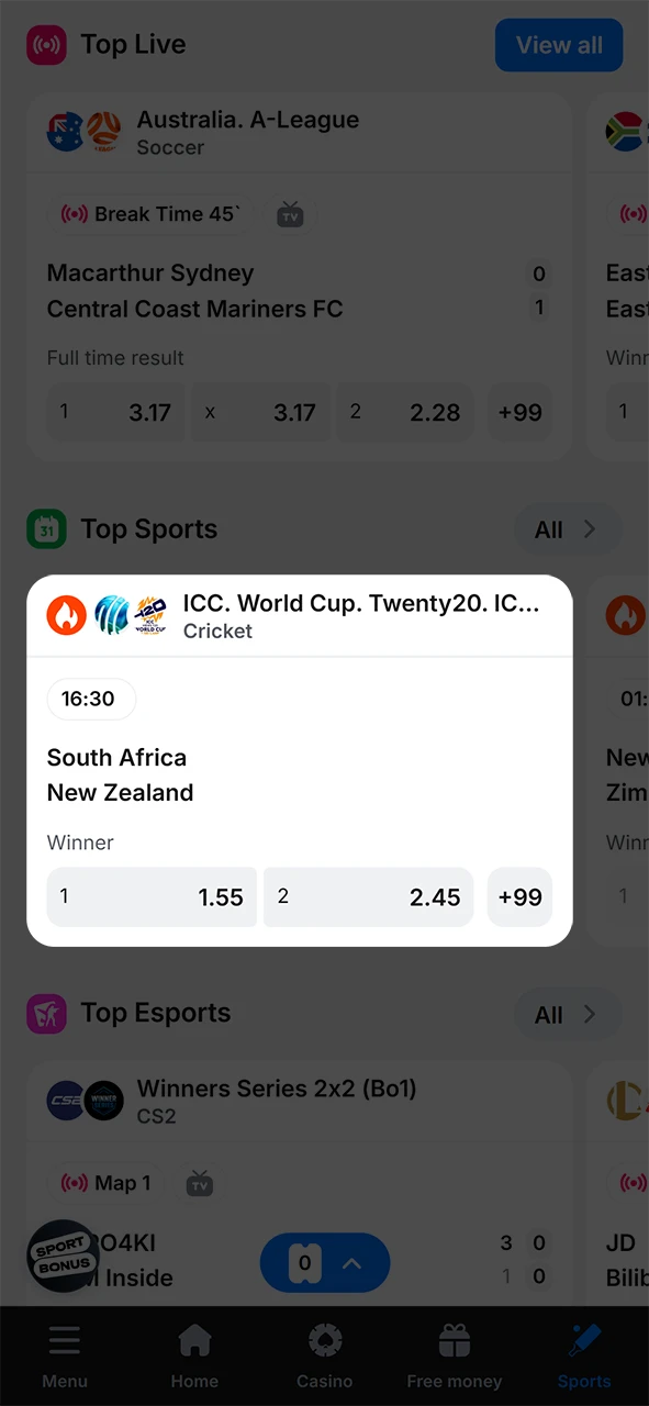 Choose a bet sport and match from the 1win sportsbook.