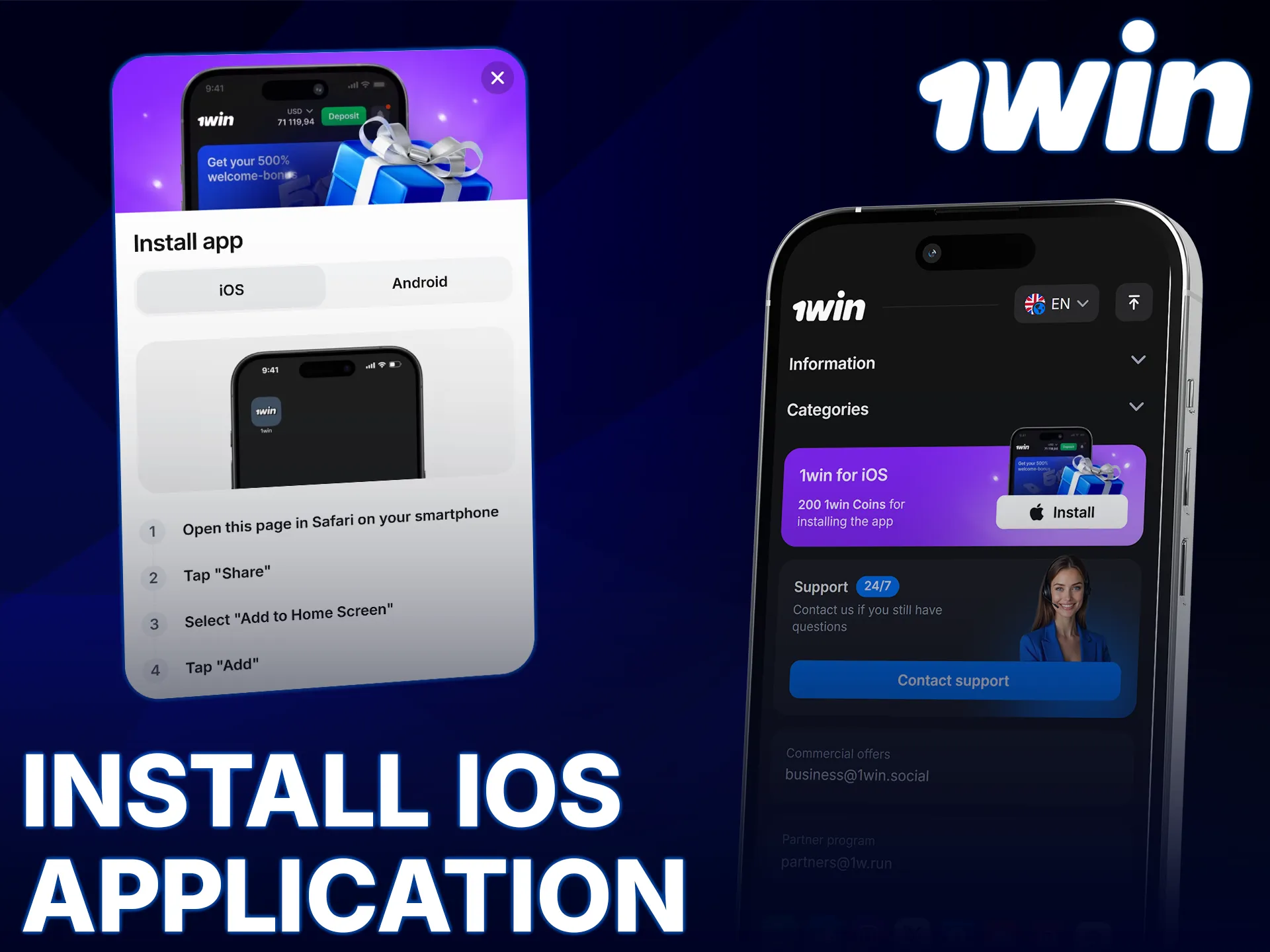 Download and install the 1win app on your iOS device now.