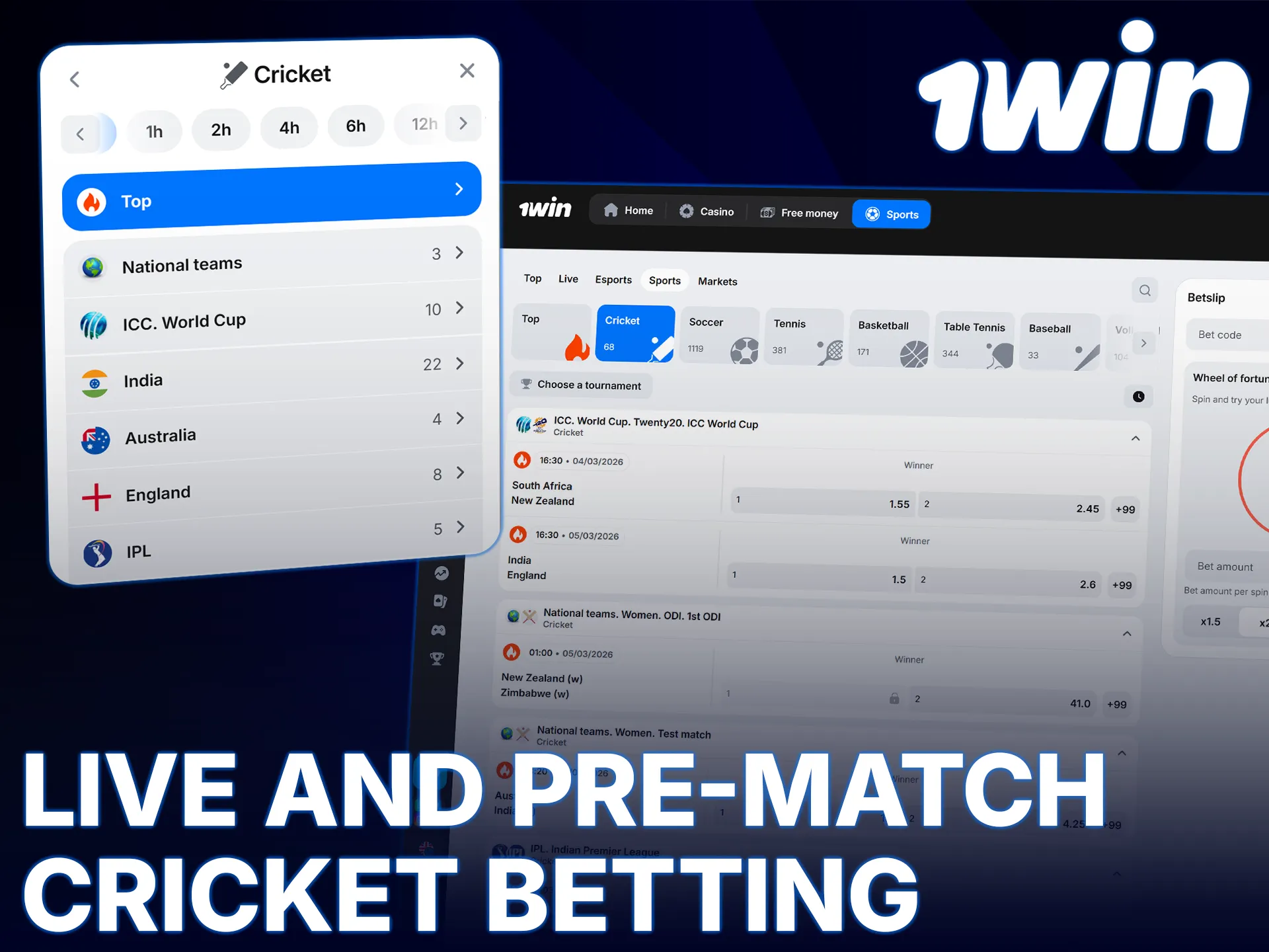 Engage in live and pre-match cricket betting at the 1win website.