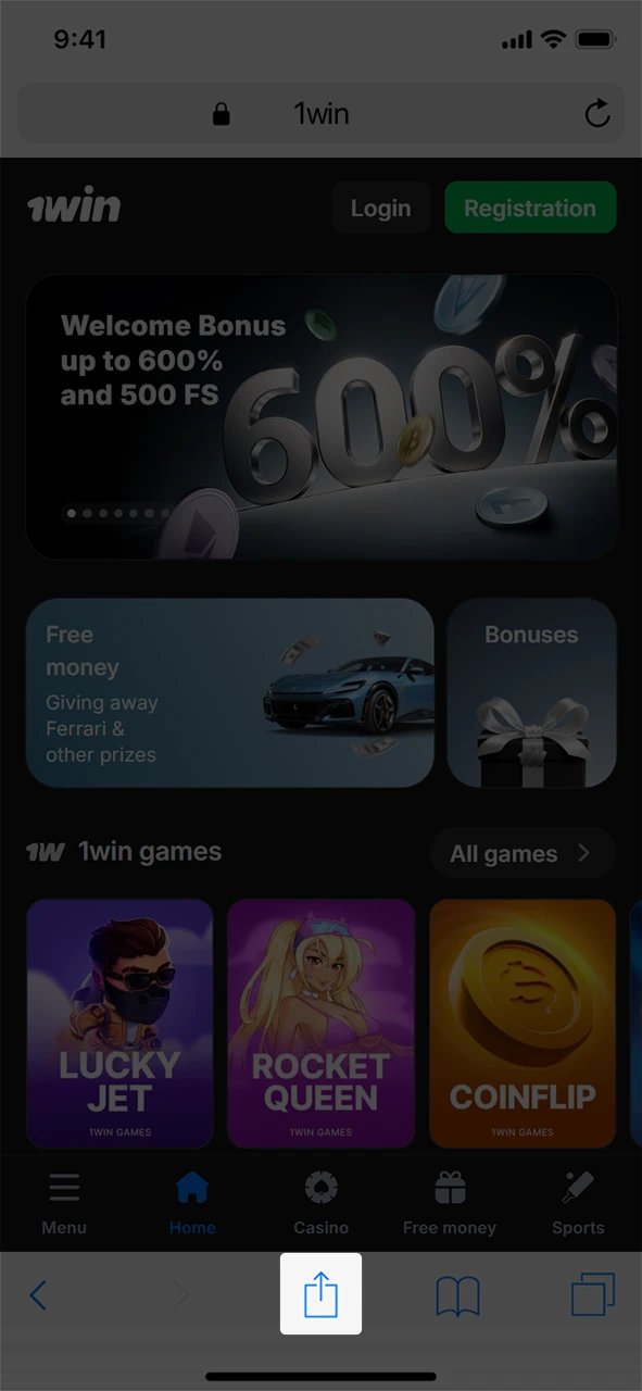 Tap the share button to begin the 1win iOS App installation.