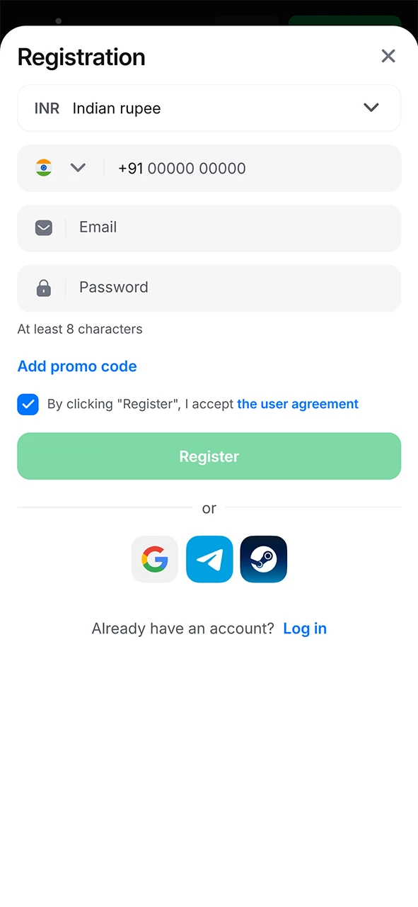 Open the 1win iOS PWA and register your new gaming account.