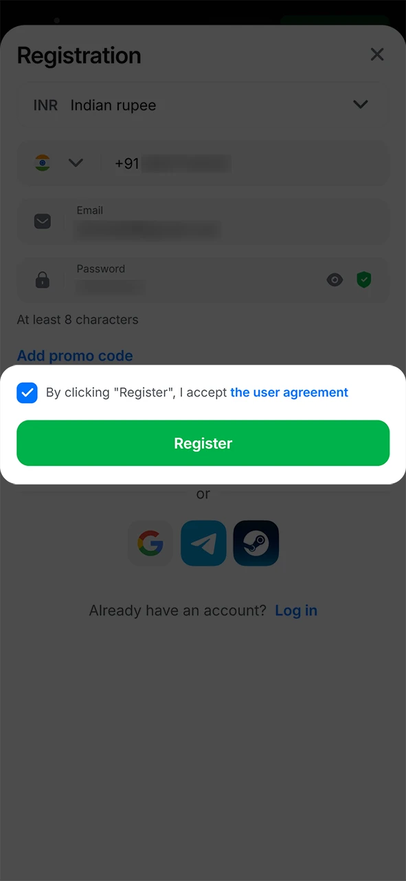 Complete the registration process to access all 1win iOS App features.