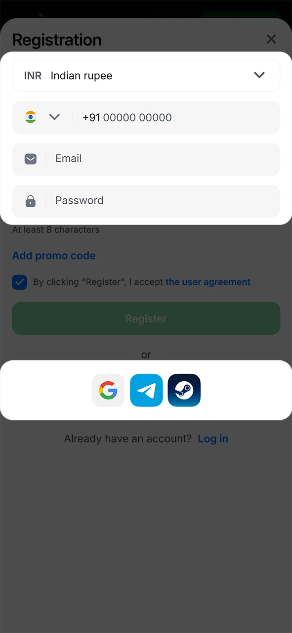 Select your preferred registration method within the 1win iOS App.