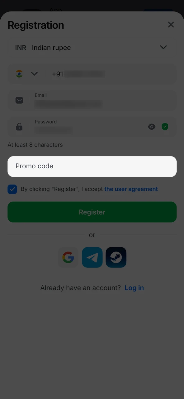 Enter the promo code carefully to activate your 1win reward.