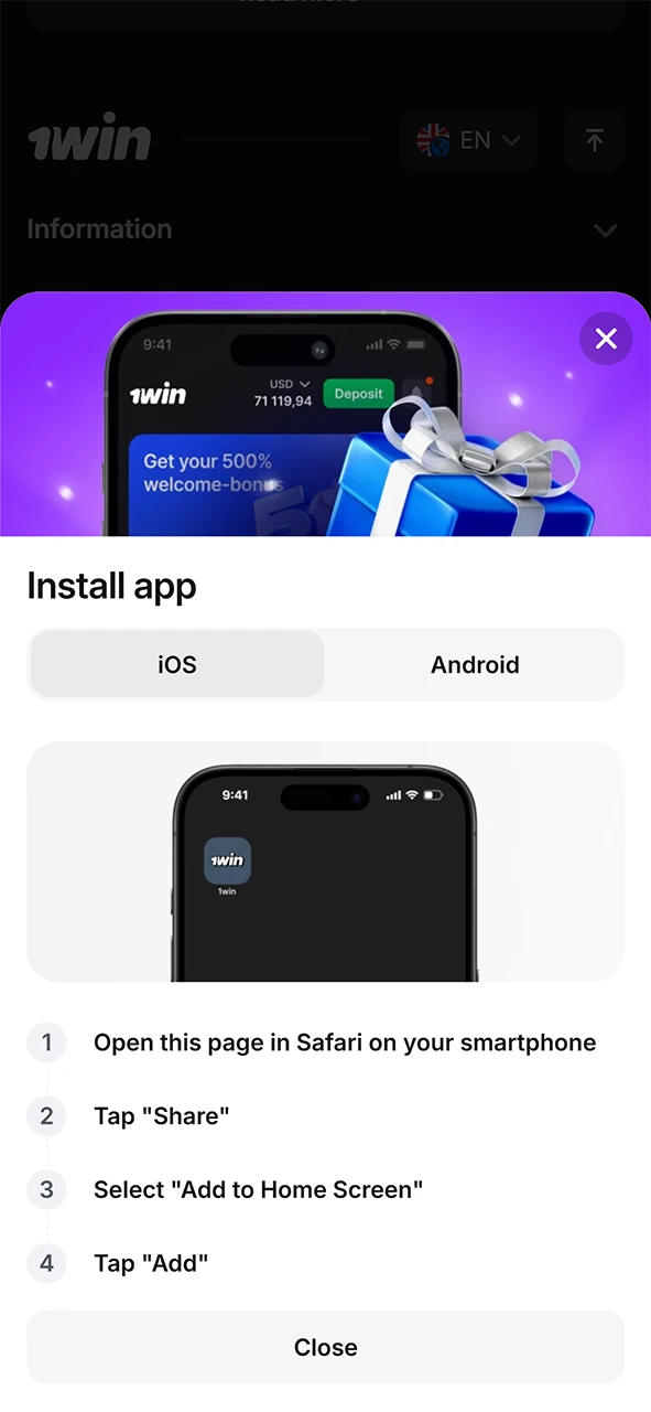 Download the official 1win app to use your mobile promo code.