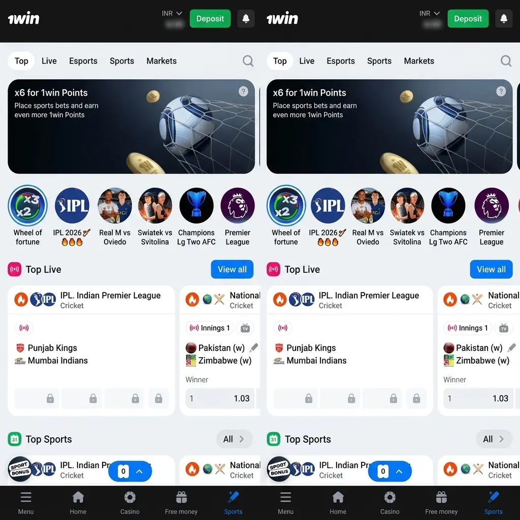1win app dark-themed dashboard with orange accents showing bottom tabs for Sports, Casino, Live Casino, Promotions, Account