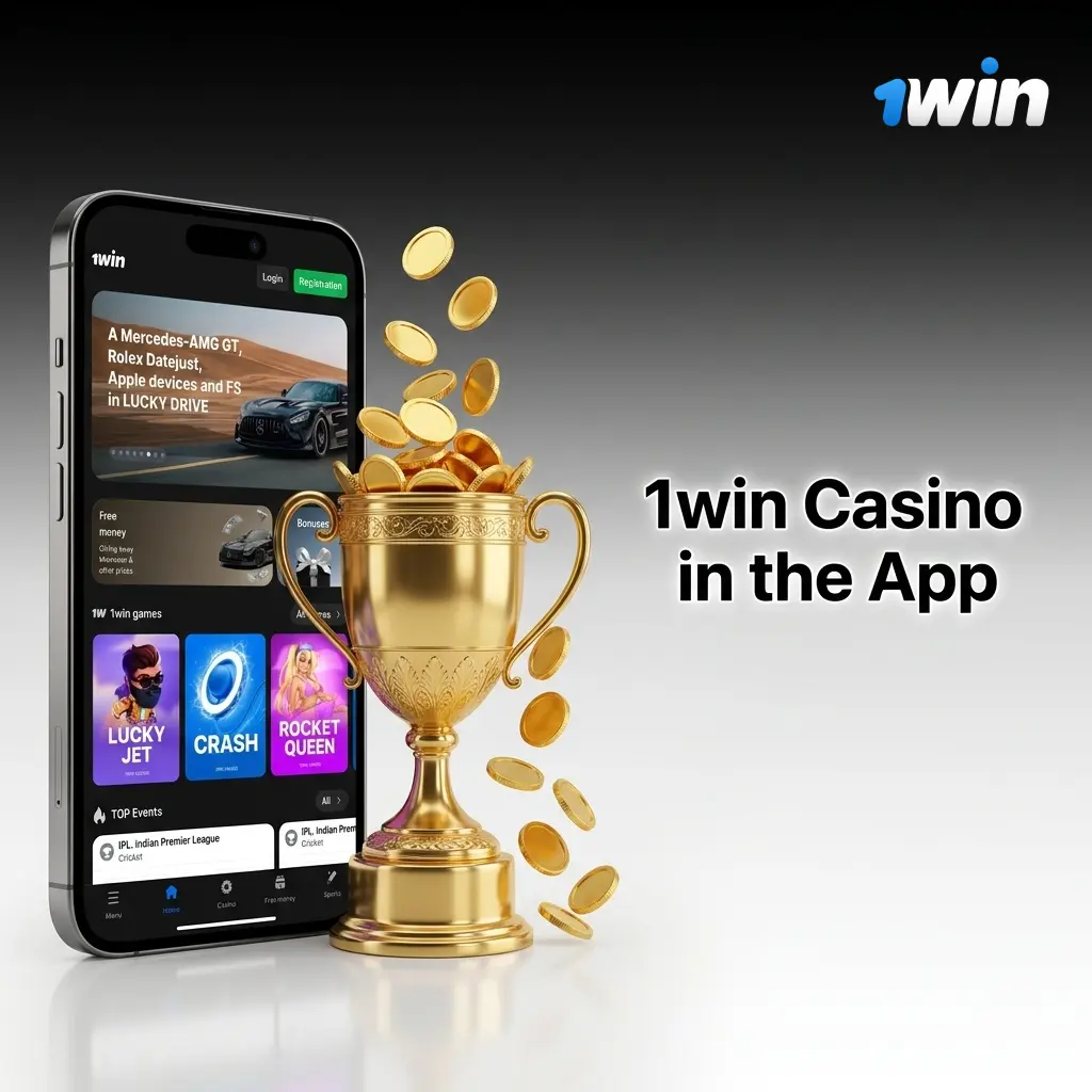 1win Casino app showing category navigation for slots, live casino, table games, and crash games on mobile