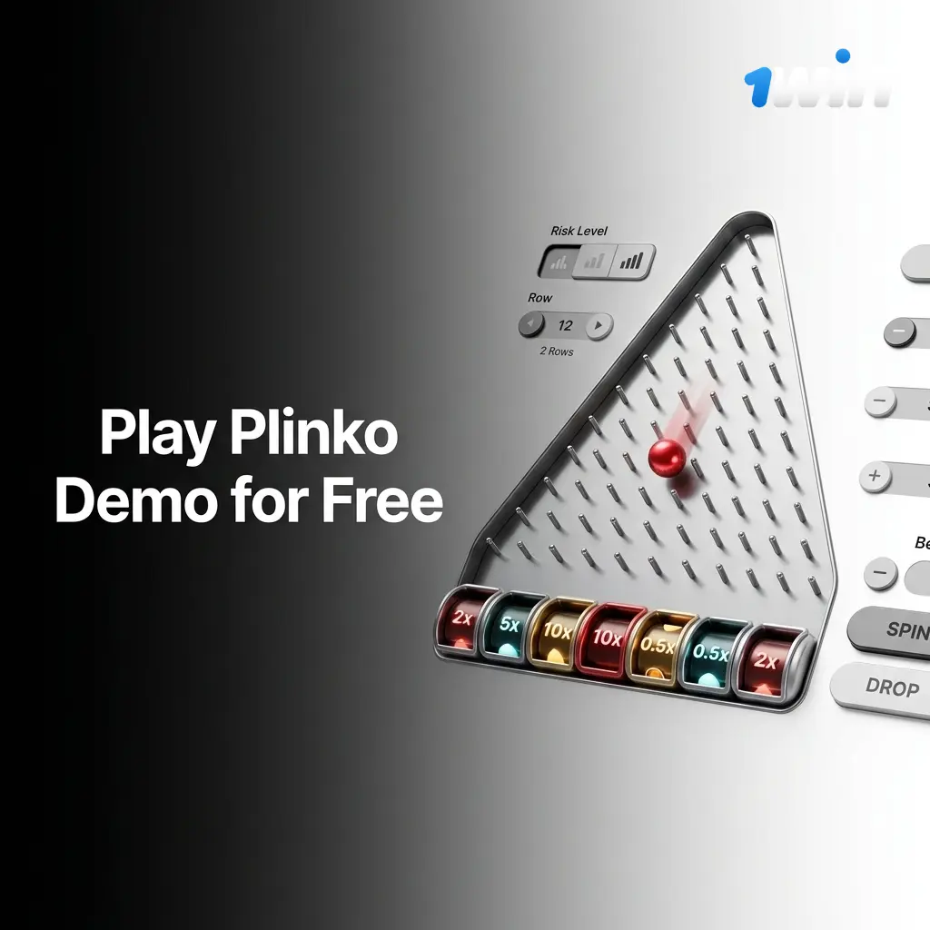 Free 1win Plinko demo showing ball drop, risk levels, row settings, and payout multipliers with virtual credits
