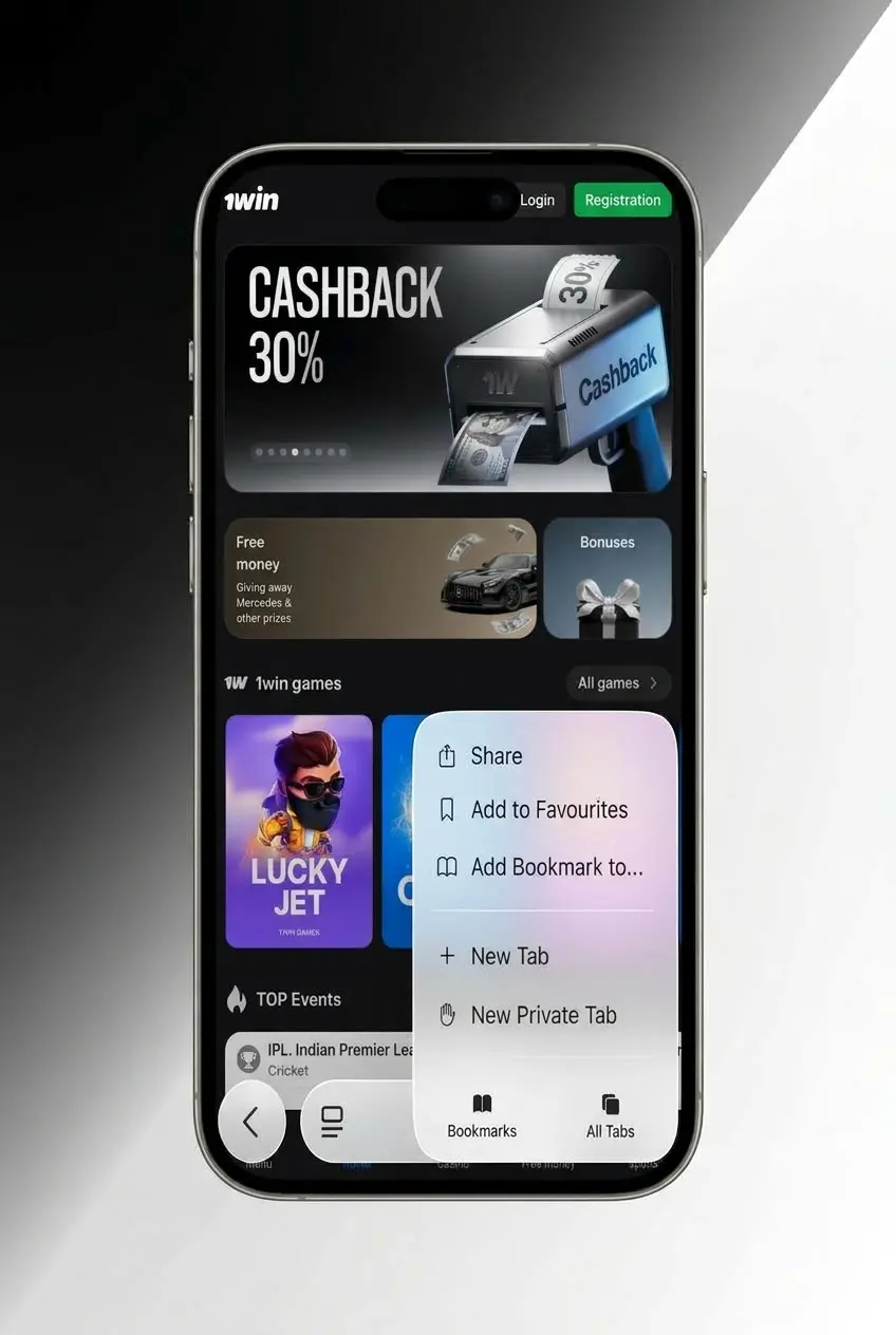 Step-by-step guide showing how to download and install the 1win app on iOS via Safari's Add to Home Screen feature