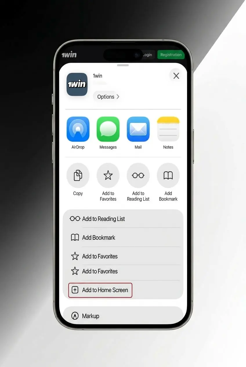 Step-by-step guide showing how to download and install the 1win app on iOS via Safari's Add to Home Screen feature