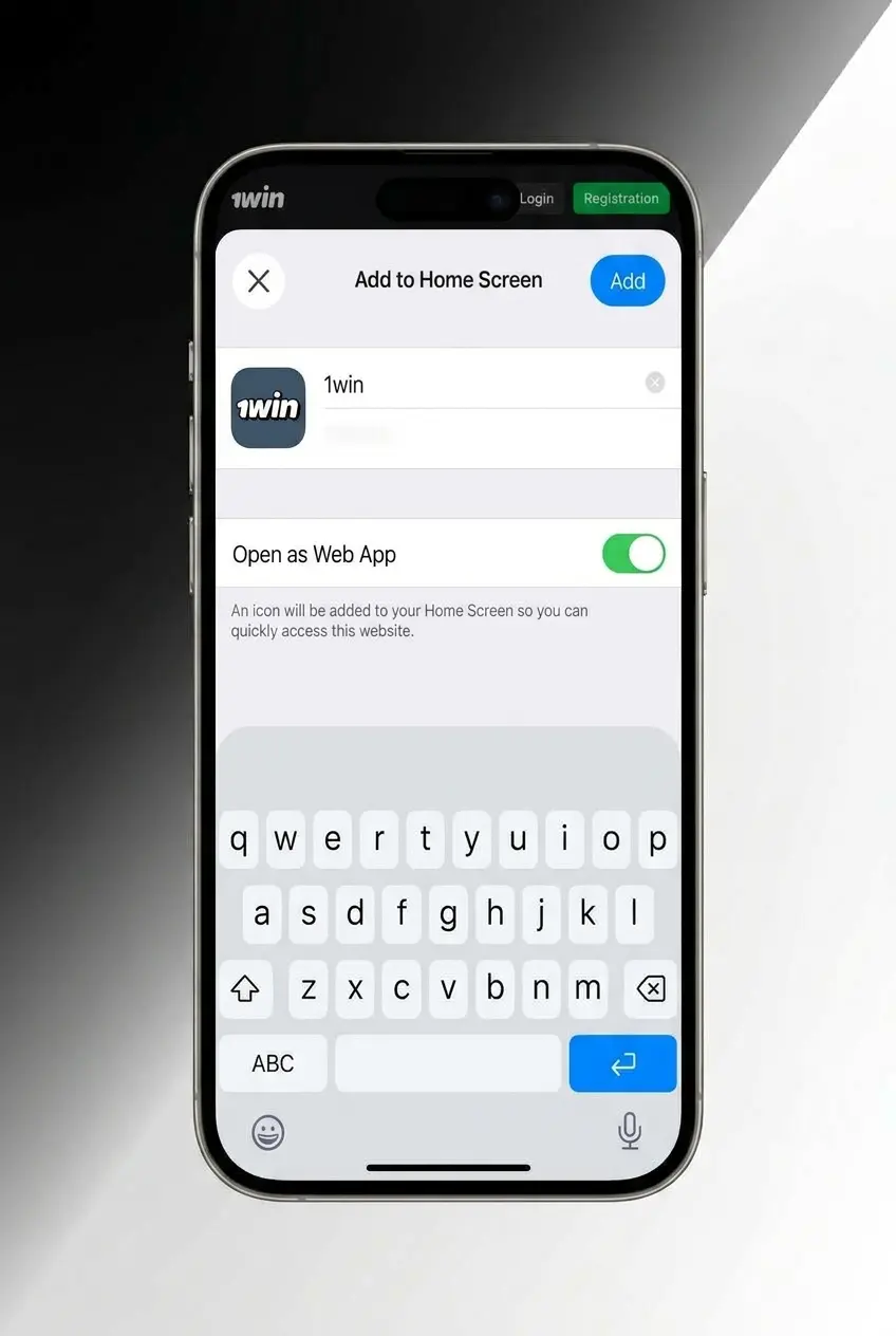 Step-by-step guide showing how to download and install the 1win app for iOS via Safari's Add to Home Screen feature