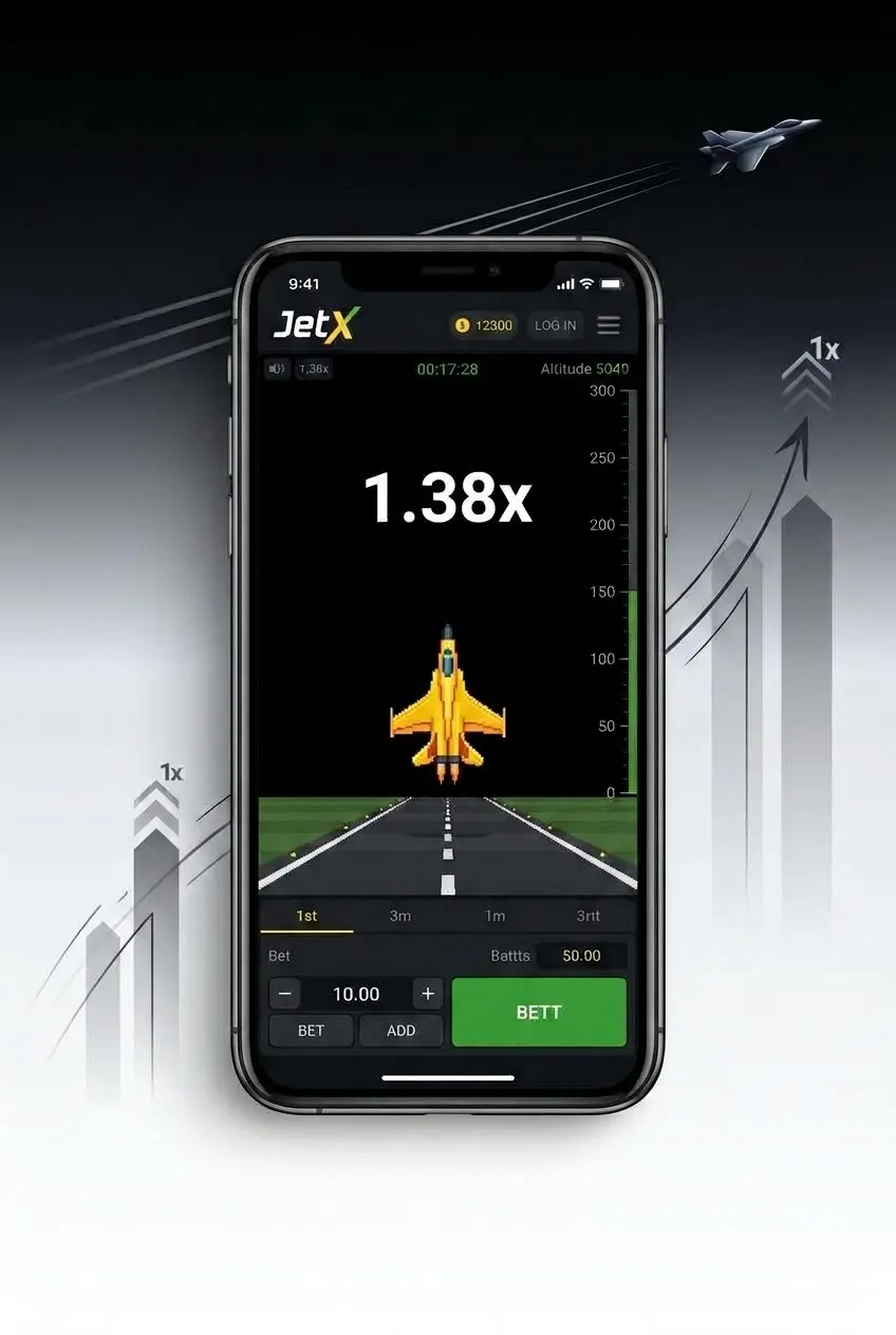 Step-by-step guide to playing JetX online at 1win, showing bet placement and cash-out on the multiplier game screen
