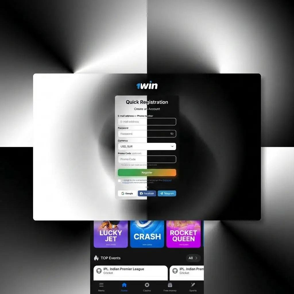 Step-by-step guide showing how to register on 1win in India using phone, email, or social account sign-up