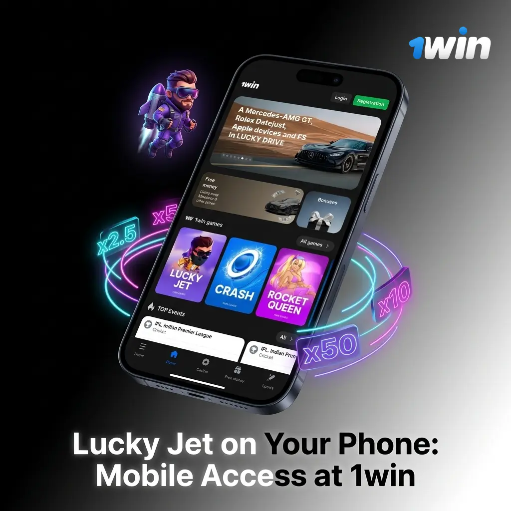 Lucky Jet mobile gameplay at 1win with bet controls, cash out access, and account sync on smartphone or tablet